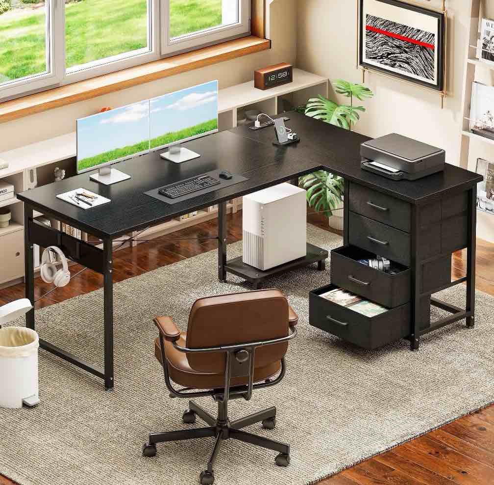 Casacomoda L Shaped Computer Desk with Charging Station, 53 inch PC Table Study Desk 4 Tier Drawers, Modern Simple Style Laptop Desk for Bedroom, Black