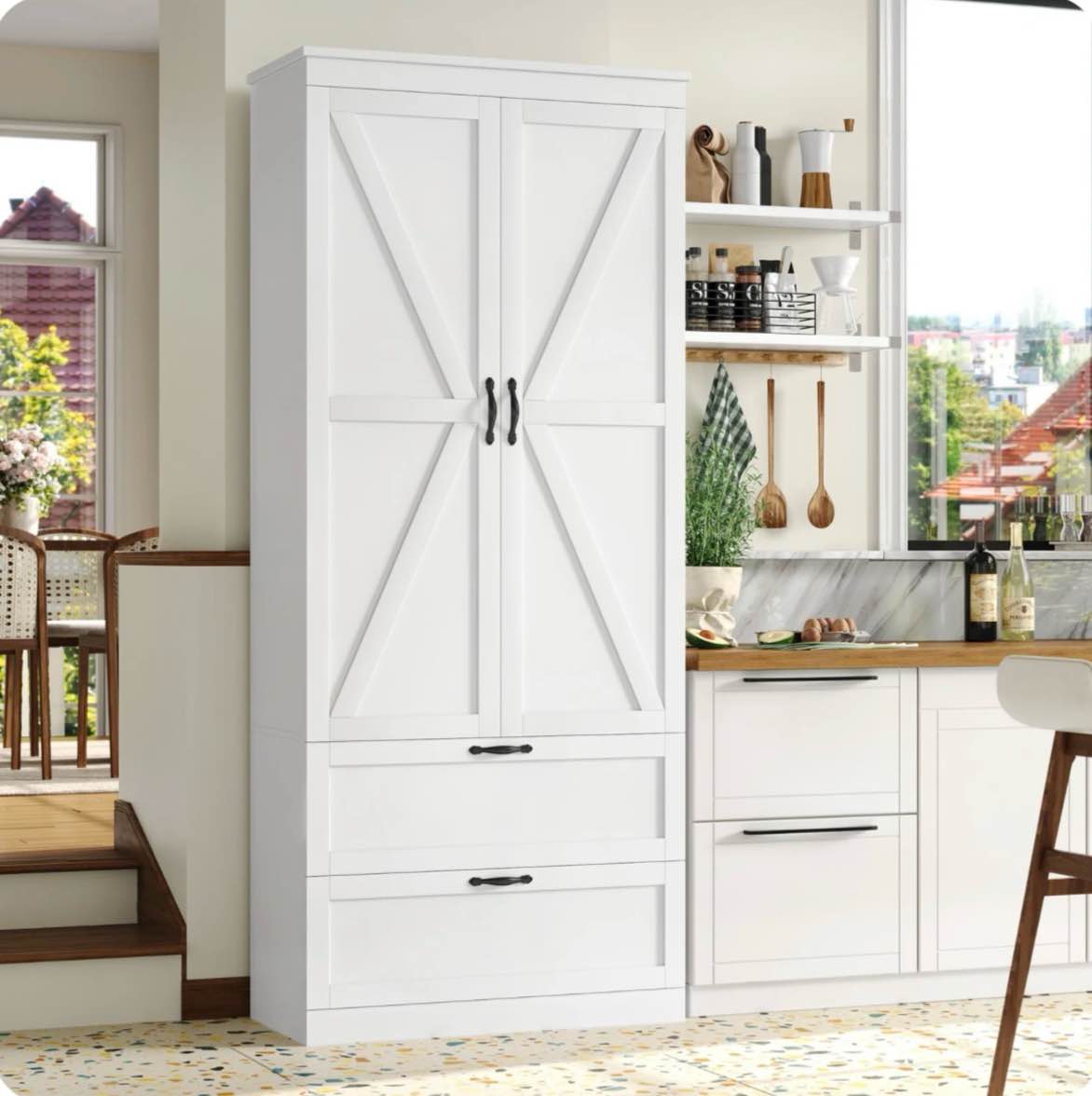 Homfa 70'' Tall Kitchen Pantry with Shelf & Drawer, Farmhouse 2 Door Pantry Storage Cabinet for Dining Room Living Room, White