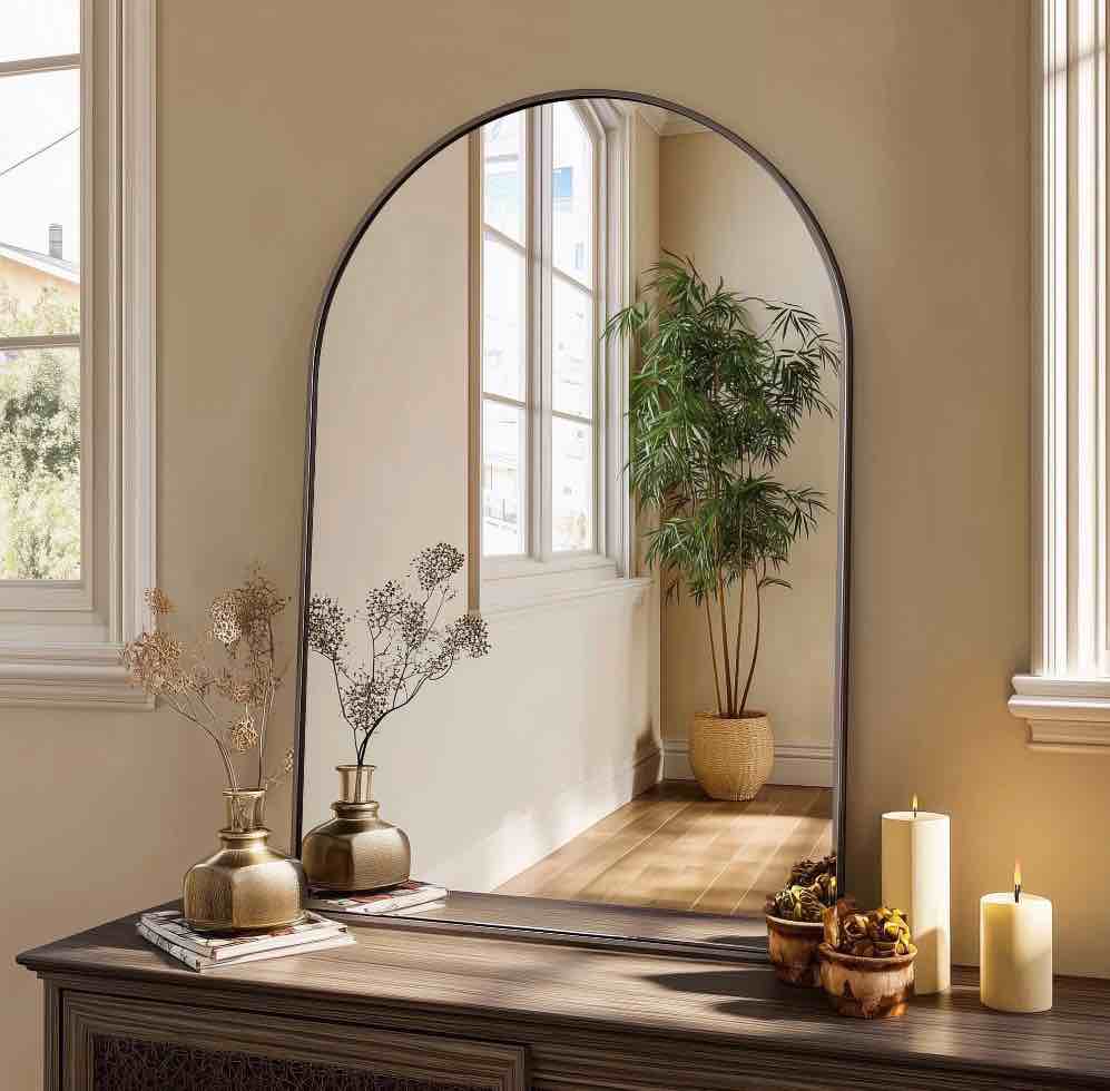 concetta 24 x36  bathroom mirror  decor arched wall mirror  bedroom vanity mirror with metal frame  black