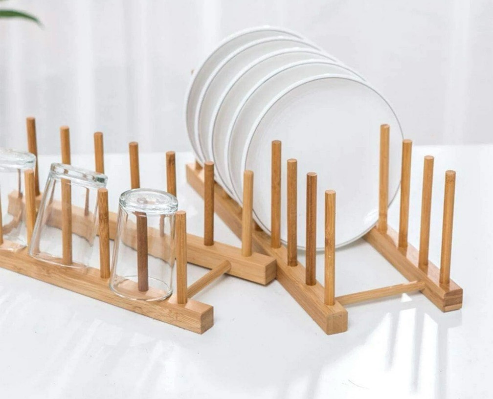 Condition photo showing New/Like New for 2 pack bamboo wooden dish rack - plate rack stand pot lid holder  kitchen cabinet organizer for bowl  cup  cutting board and more