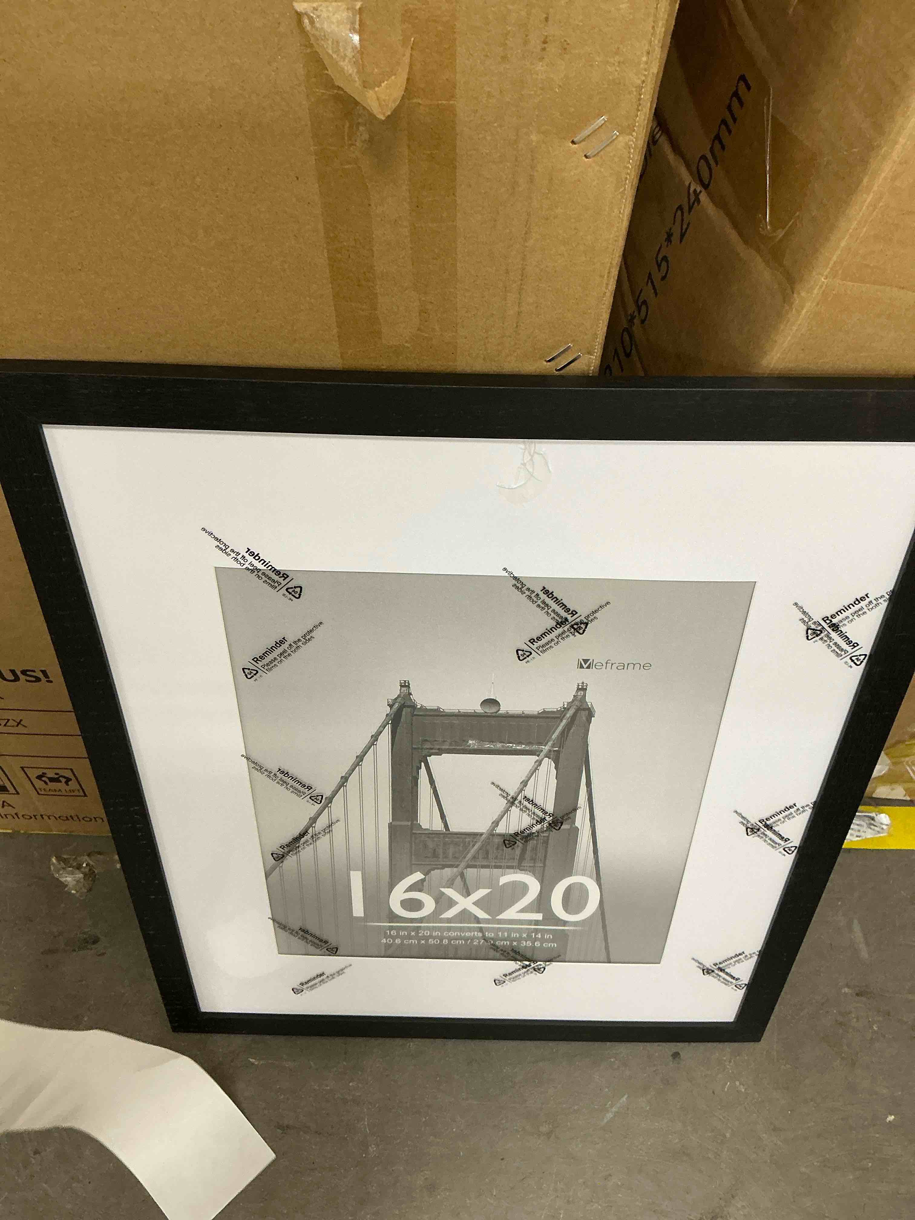 Condition photo showing As Is for meframe 16x20 wooden picture frame matted to 11x14 wall poster frame black