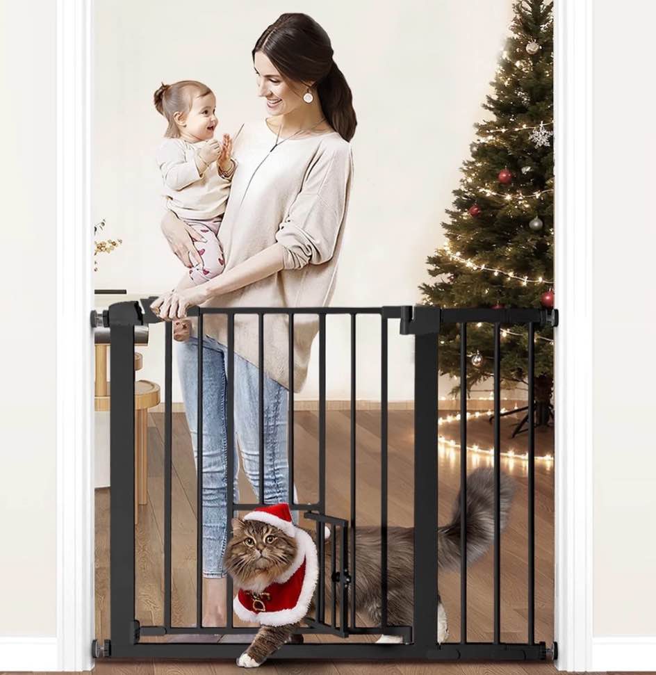 kingso extra tall 30" wide 29.5”- 40.5" auto close baby gate with swing door small pet door for cat dog doorway stairs, black