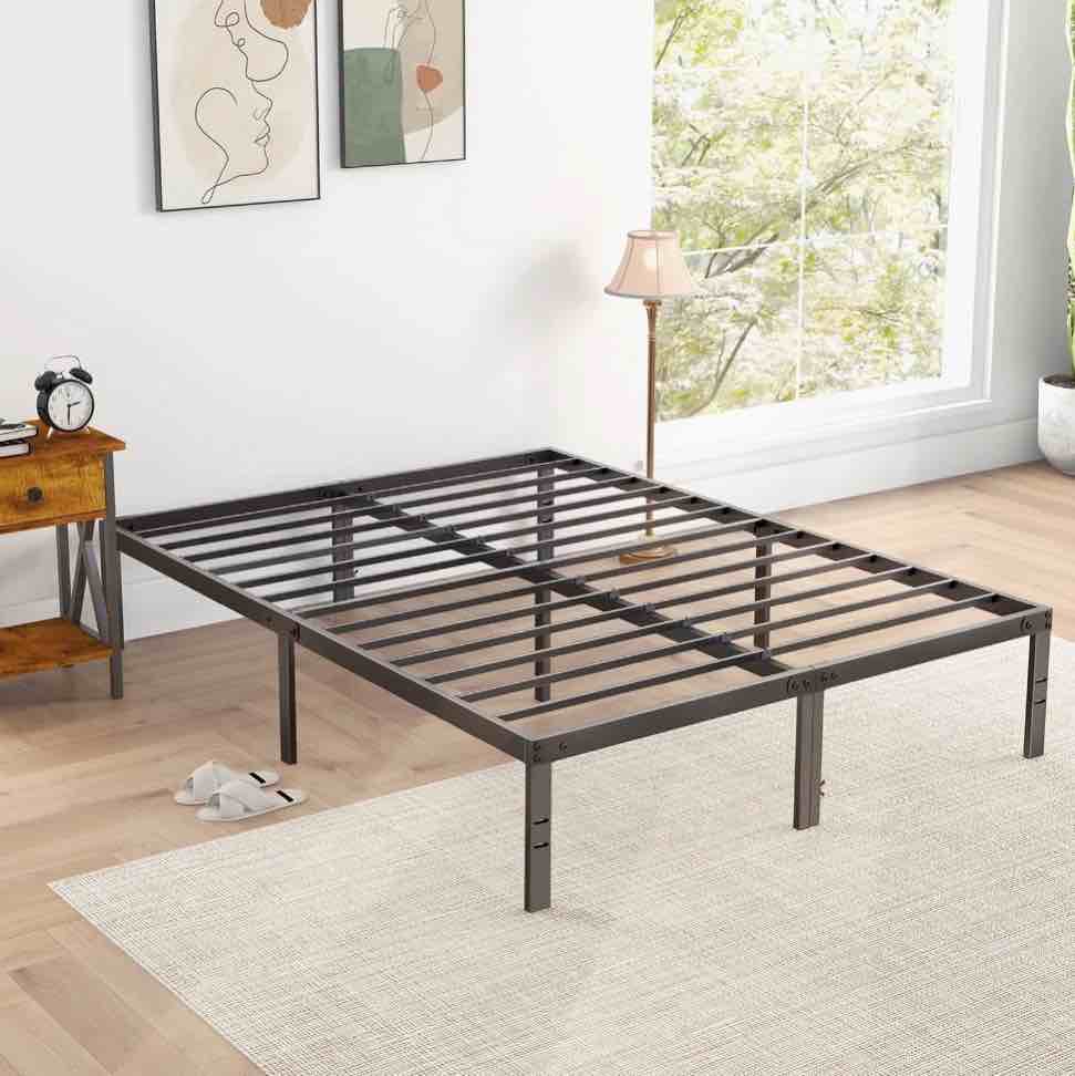 edx 14" high full size bed frame no box spring needed, heavy duty metal with sturdy steel slat support and under bed storage full