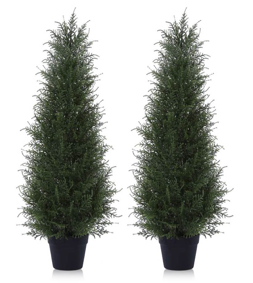 Condition photo showing New/Like New for dr.planzen 2-pack 3ft artificial cedar topiary trees, uv-resistant outdoor potted plants for porch & garden decor