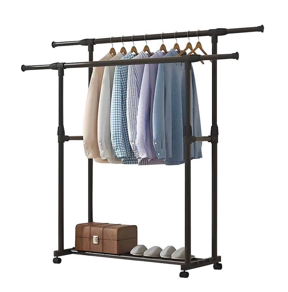 hioha double rods clothing rack with wheels & 2-tier shelf  portable wardrobe organizer for bedroom  living room  black