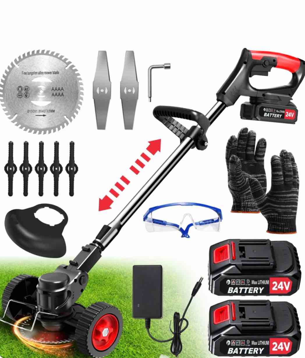 tntants electric weed wacker  cordless string trimmer with wheels  2pcs 24v batteries  3 types of blades  adjustable length  weed eater grass trimmer/edger/brush cutter for lawn yard garden (black)