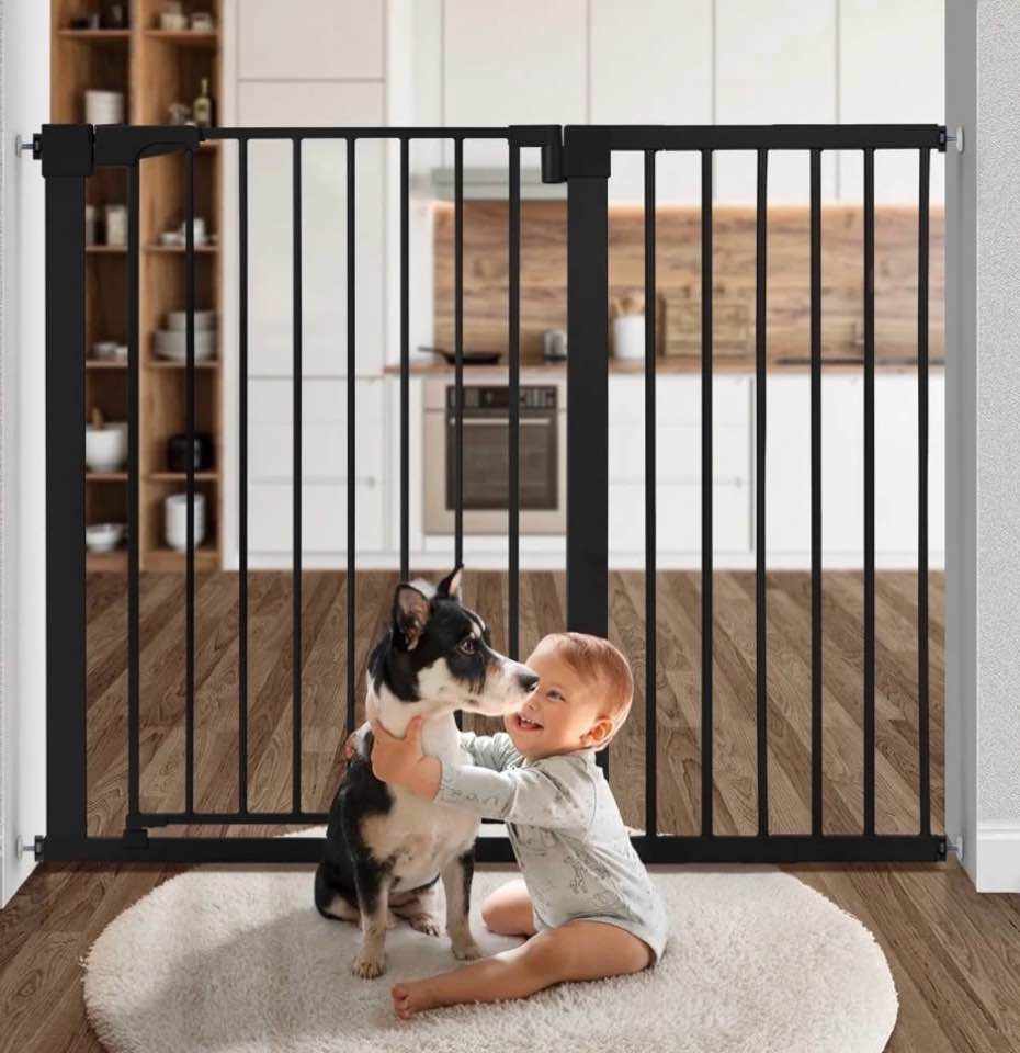 Condition photo showing Good Condition for baby safety gate, extra tall 36 inch ,wide 29.5"to 48.8" baby gate for stairs and doorway,gate for ages 6 to 36 months, black and white.