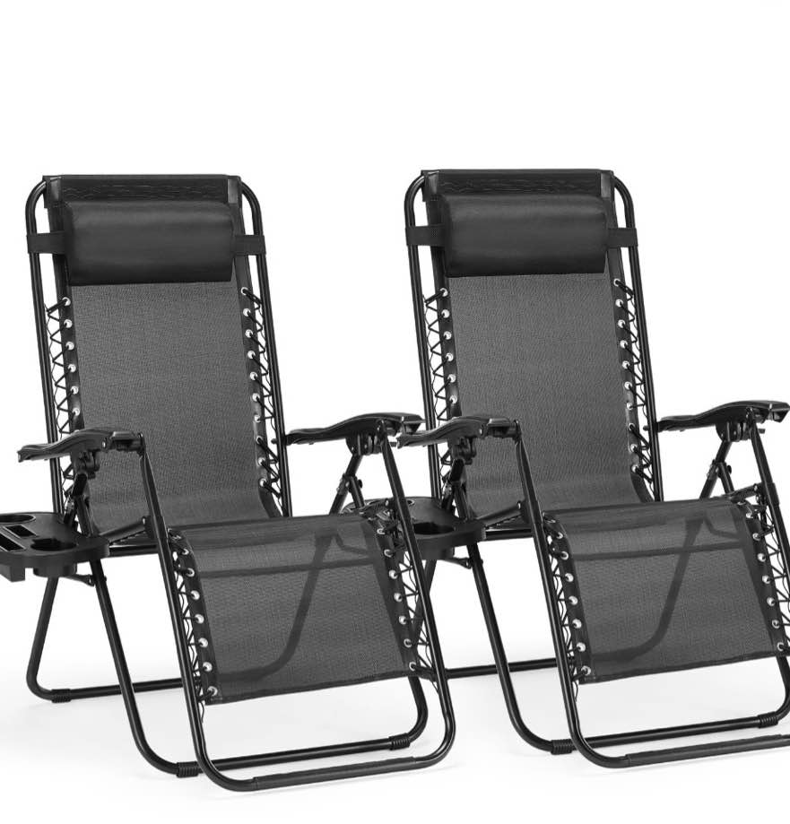 concetta 2 zero gravity lounge chairs, foldable reclining camping for patio, lawn, beach, black