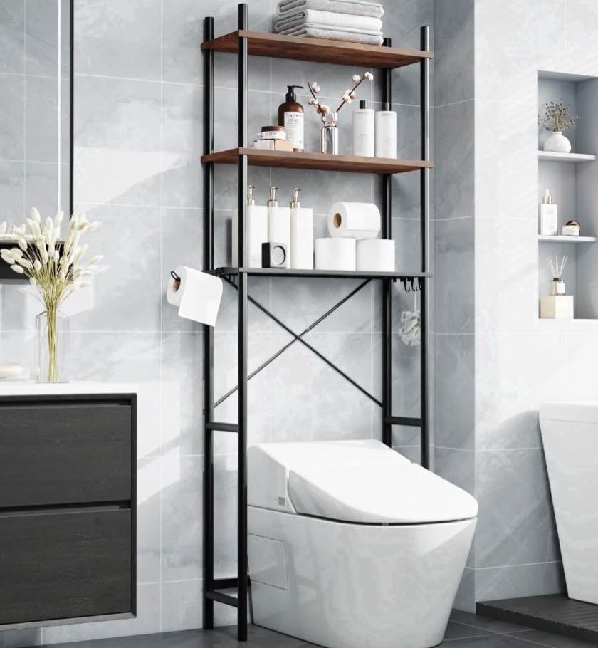 capri 3-shelf over the toilet storage, freestanding metal bathroom organizers and storage shelf with toilet paper holder, rustic brown