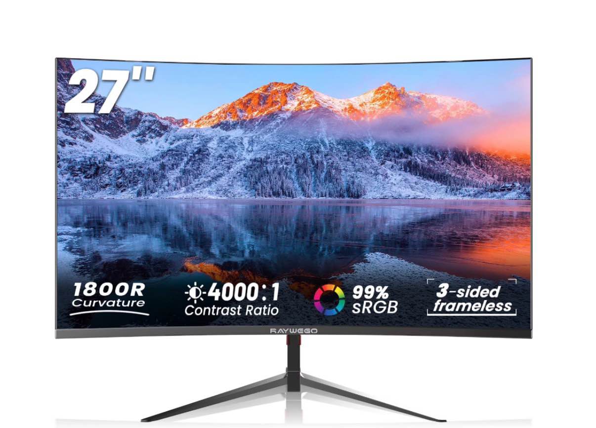 raywego 27 inch fhd 1080p curved computer monitor, 100hz frameless gaming monitor 1ms 1800r freesync dp&hdmi port