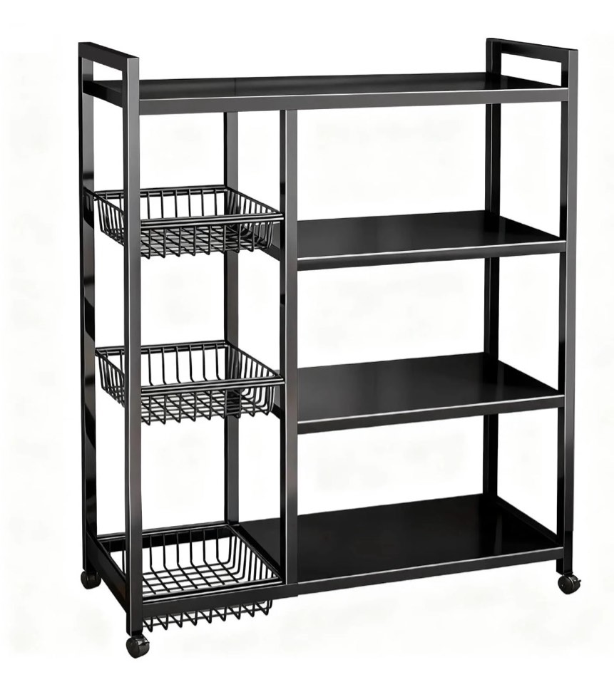 movable wire rack, heavy-duty 4-tier storage shelf with 3 baskets and wheels, metal shelves organizer for kitchen, bathroom, office, garage, 31.5''l*12.6''w*42.5''h