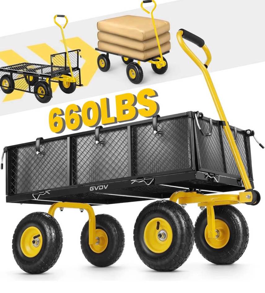 gvdv heavy duty steel garden cart with liner, 40" x 20", 660lbs capacity, 10" wheel, utility cart for yard work hauling and outdoor use, black/yellow