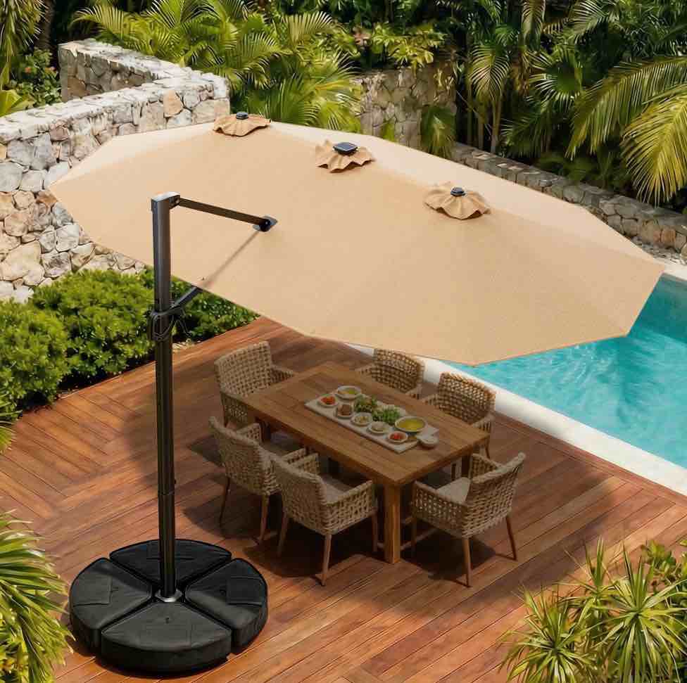 Condition photo showing New/Like New for 15ft cantilever patio umbrella with led lights, 360°rotation large double sided rectangular outdoor umbrella for garden, backyard, pool, deck, beige(with base)