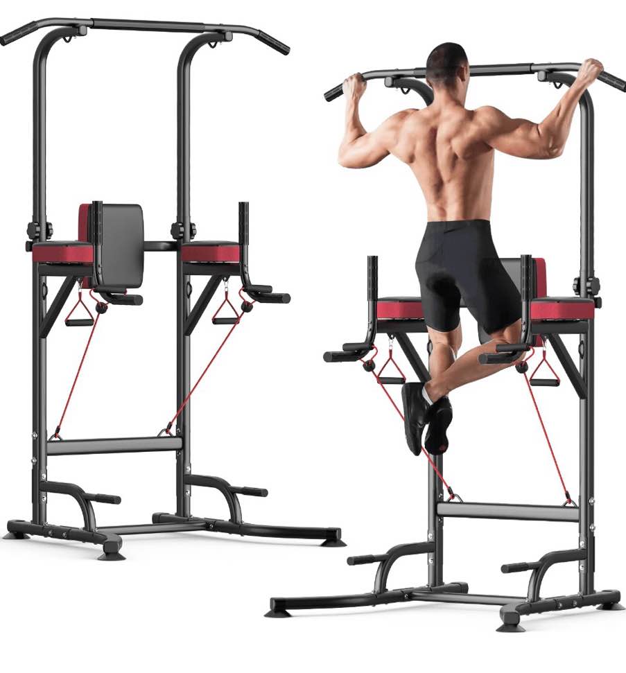Condition photo showing New/Like New for aquvii pull up rack bar, 450 lbs power tower dip bar station dip stand multi-function home strength training fitness workout station for home gym