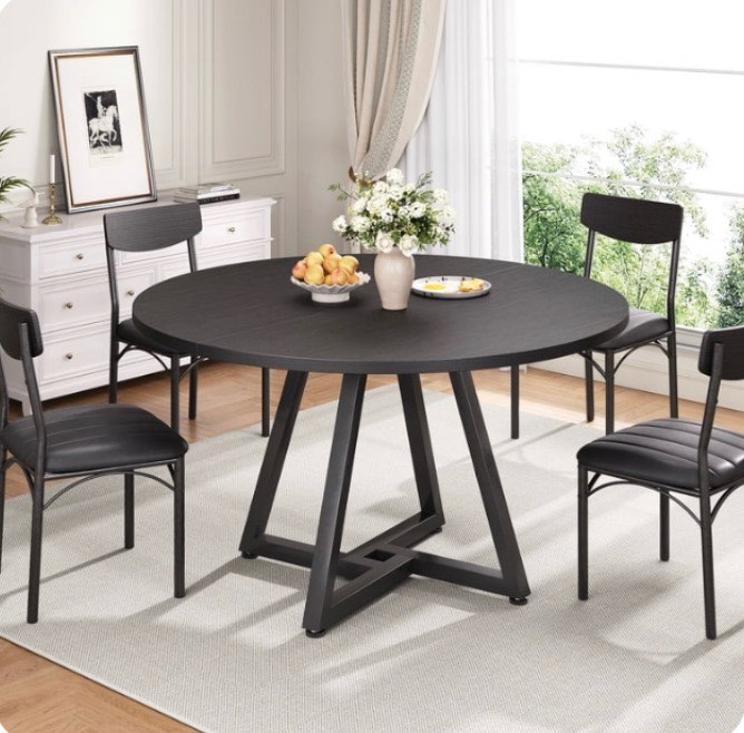 Condition photo showing New/Like New for anyact 47in round dining table, circle dinner table pedestal metal frame, kitcen table sturdy wood kitchen & dining room furniture, black(only table)