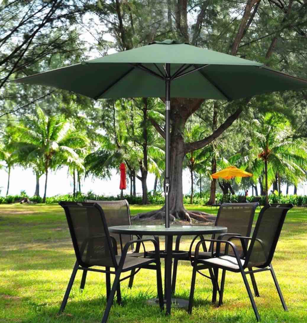 ainfox 9ft patio umbrella outdoor portable table market umbrella with push button tilt/crank waterproof uv-proof dark green