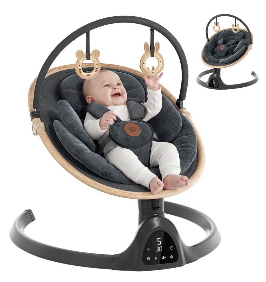 Baby Swing, Portable Bluetooth Infant Swing with Timer, 5 Speeds, 10 Lullabies, 5-Point Harness, Black