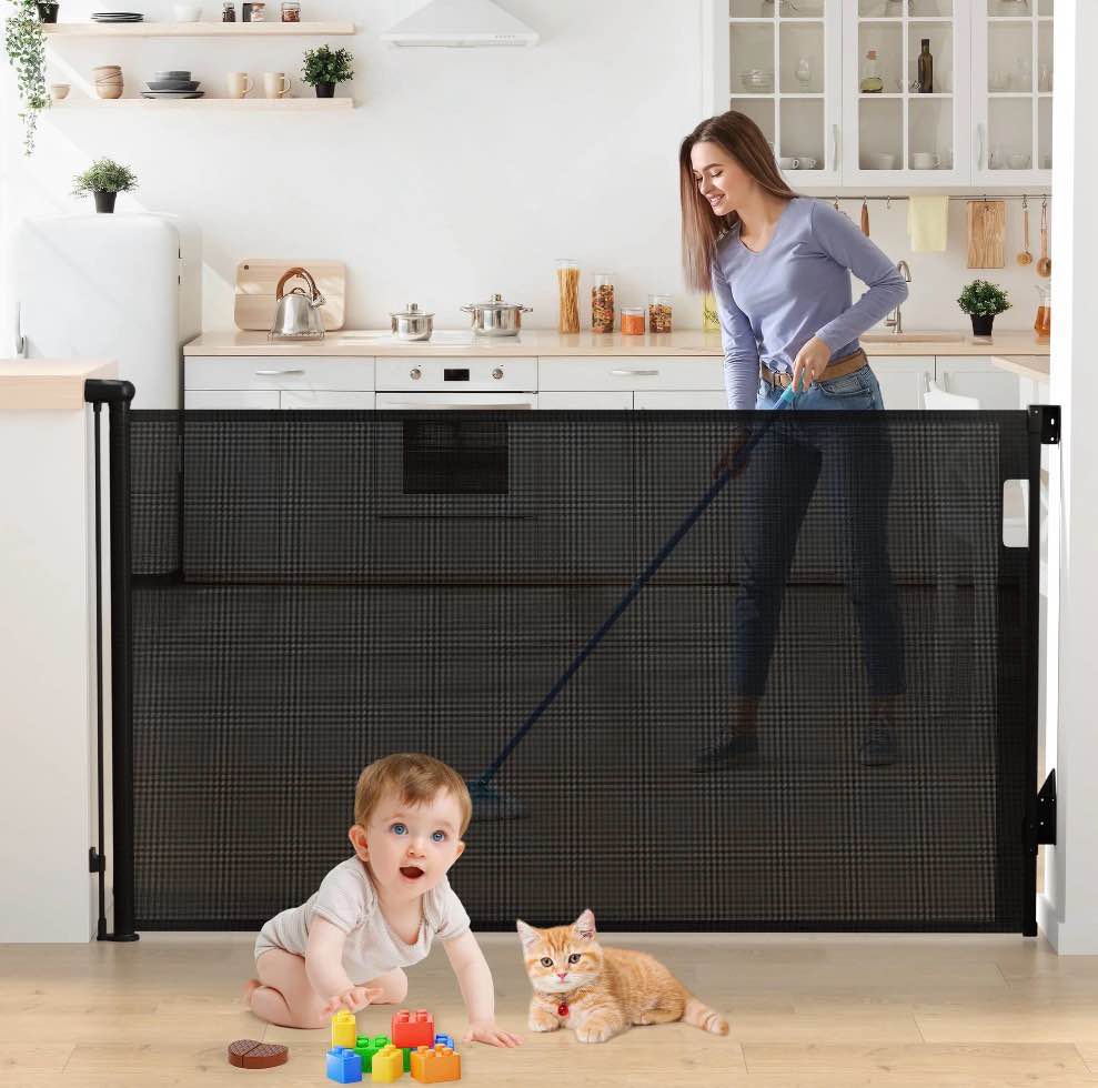 Vomeast Retractable Gates,Extends up to 71in Wide Baby Safety Gates Dog Gate for Doorways Stairs Hallways(Black)