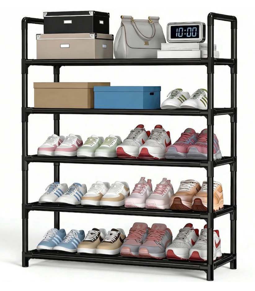 krpimt 5-tier shoe rack, 31.5" stackable shoe organizer storage holds 15-20 pairs, metal shoe shelf for entryway hallway and closet, black