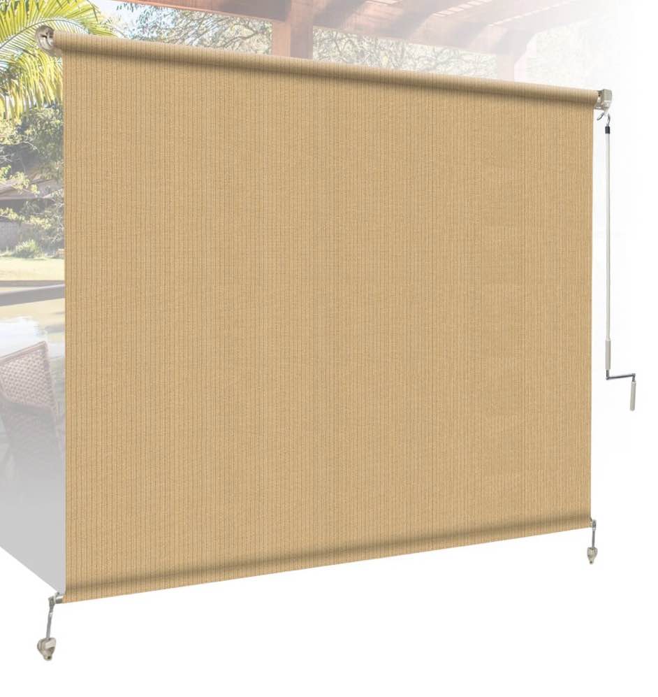 jane stone outdoor roller shades 8'w x8'h cordless roll up blinds with valance, exterior shade cloth roll for patio porch pergola,sesame