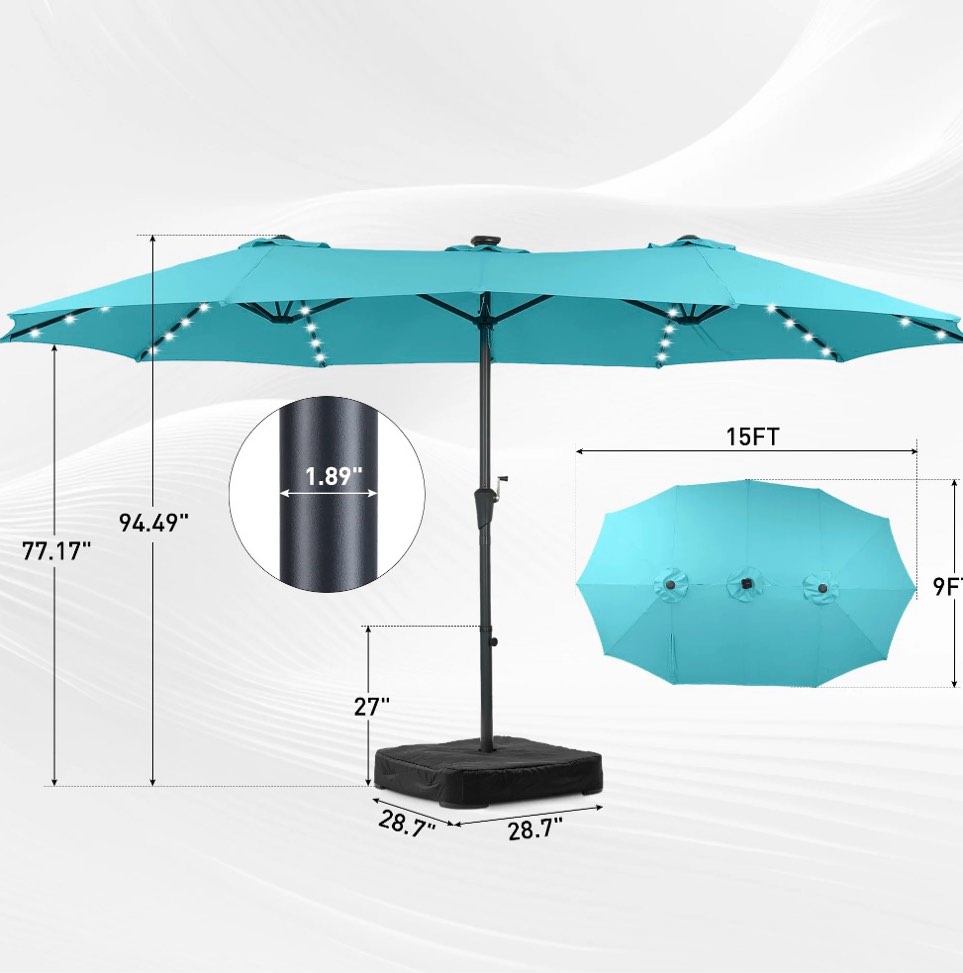 Condition photo showing New/Like New for autlaycil 15 ft rectangle patio umbrella with umbrella base 48 led lights for market patio solar umbrella (blue)