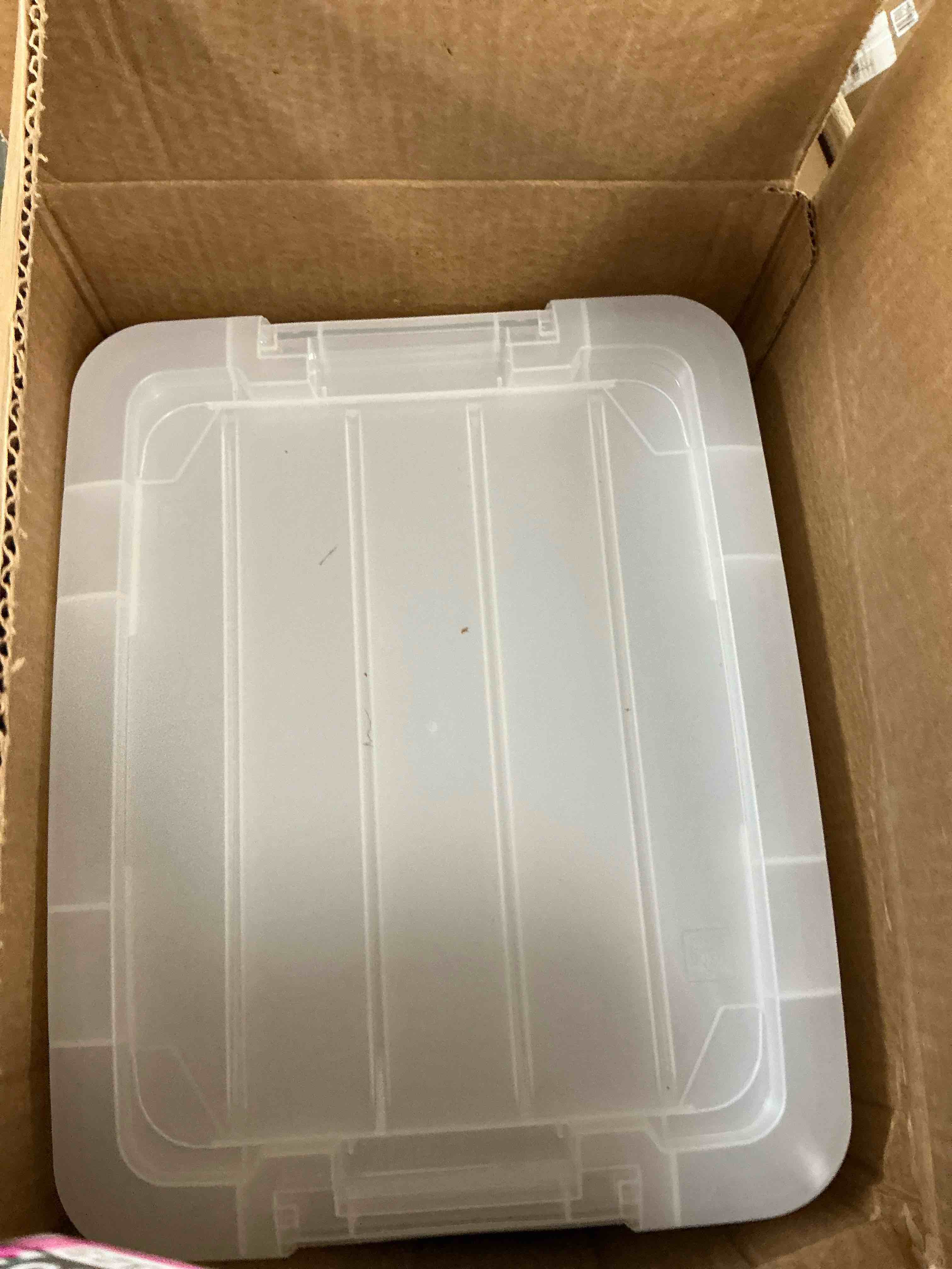 Condition photo showing New/Like New for iris 20.5qt 6pk plastic storage bins with lids and latching buckles: stackable, transparent, universal storage solution