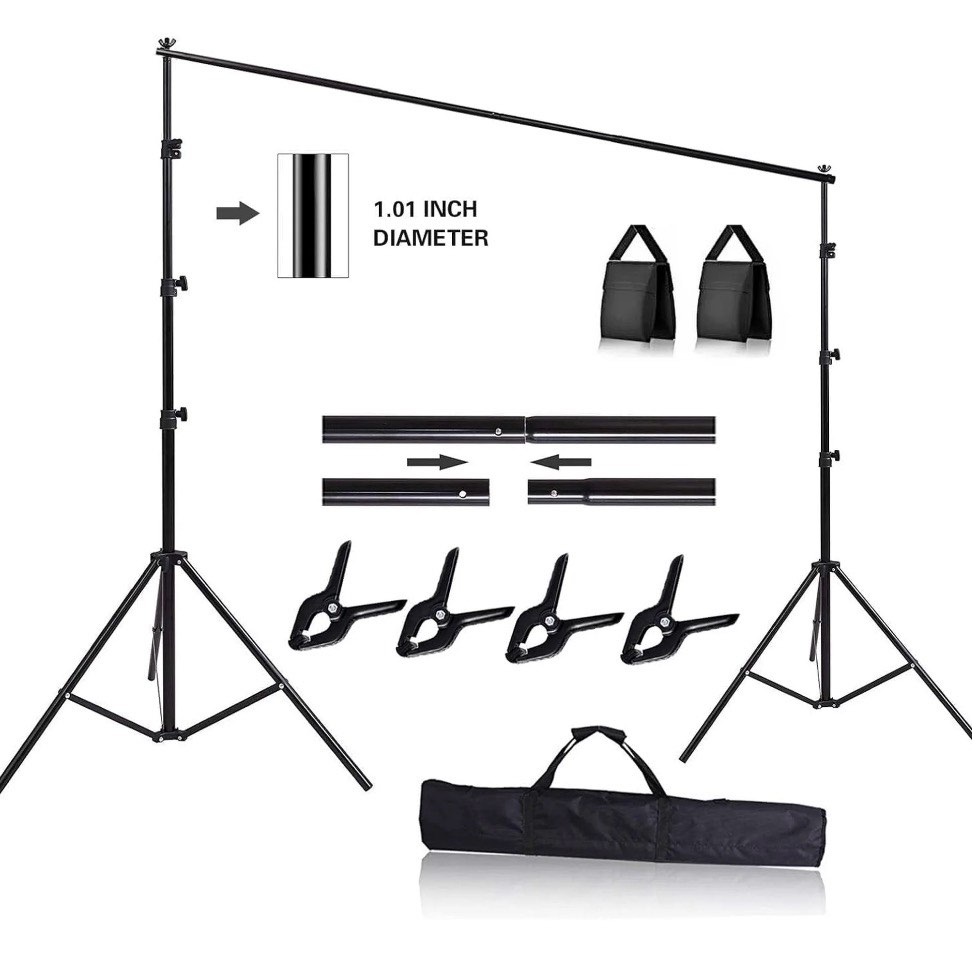 10ft adjustable background support stand photography video studio backdrop kit, 4 backdrop clamps, 2 sandbags for wedding party stage decoration black, aluminum alloy backdrop stand