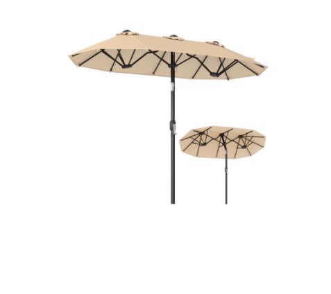 Condition photo showing New/Like New for double-sided patio umbrella w/push button tilt crank handle 3 air vents for pool beige