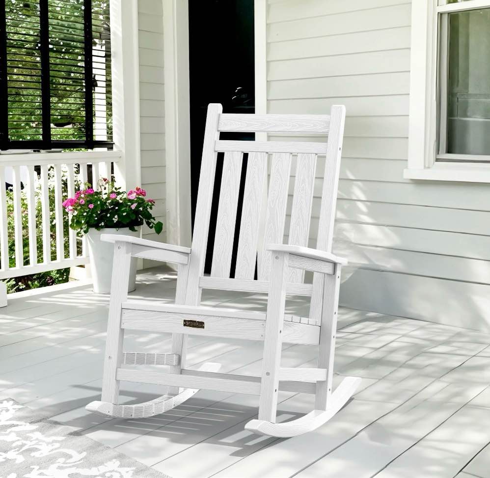 serwall oversized outdoor rocking chair, all-weather hdpe patio rocker with wide armrests for porch, patio & lawn, white