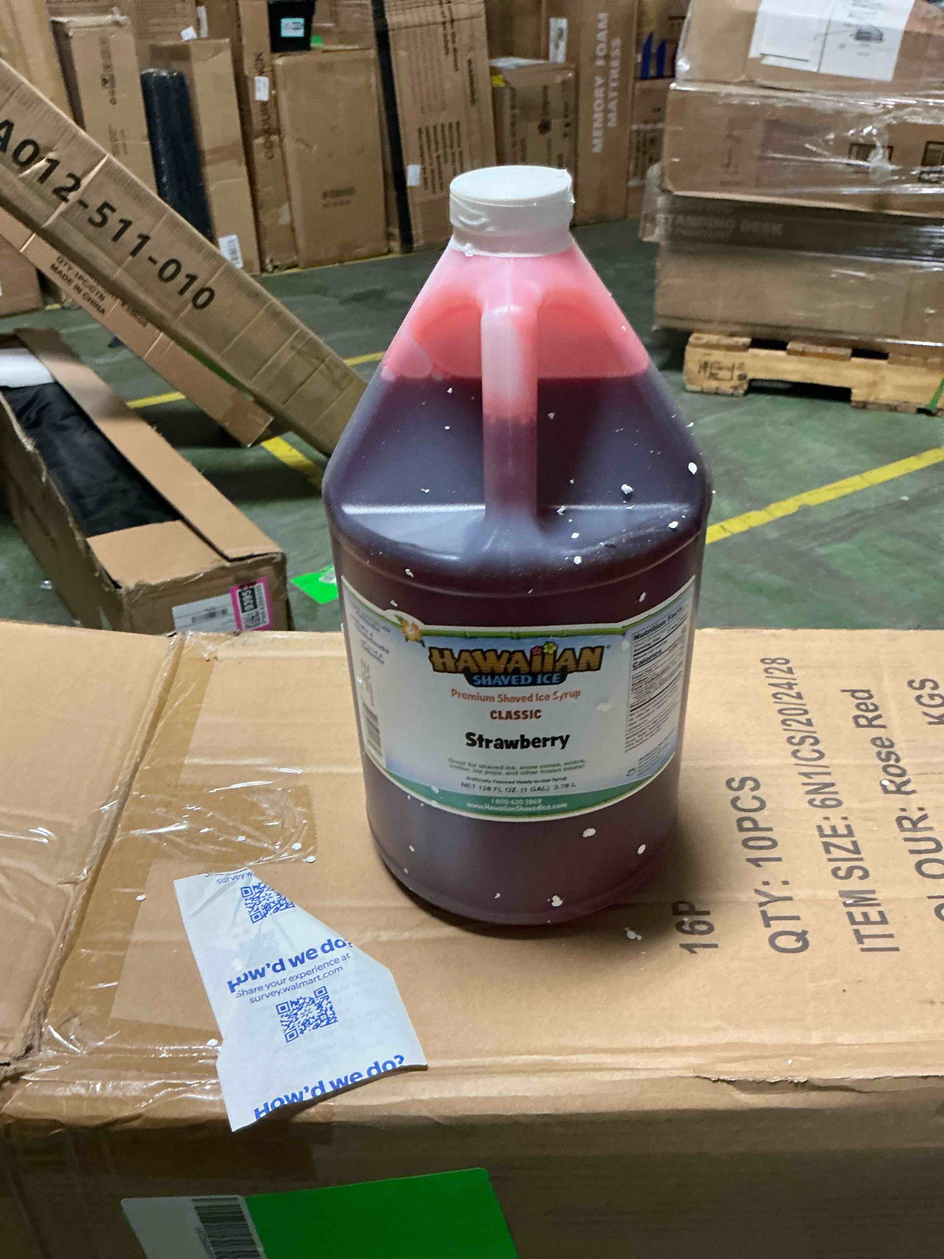 Condition photo showing New/Like New for hawaiian shaved ice syrup gallon, strawberry flavor, great for slushies, italian soda, popsicles, & more, no refrigeration needed, allergy-friendly, perfect for snowcone stand and coffee shop owners. bb:5/5/28