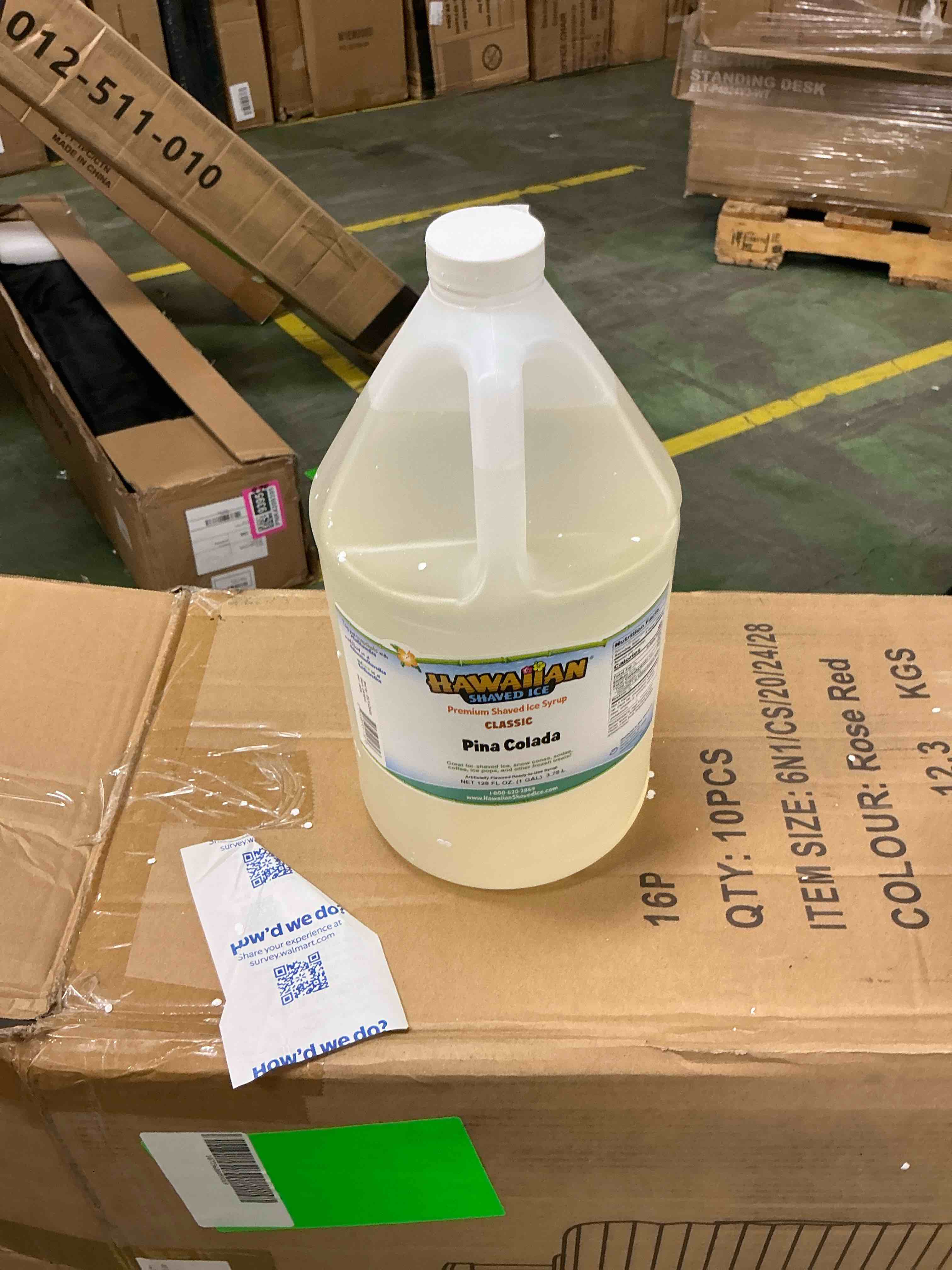 Condition photo showing New/Like New for hawaiian shaved ice syrup, pina colada, gallon bb:5/15/29