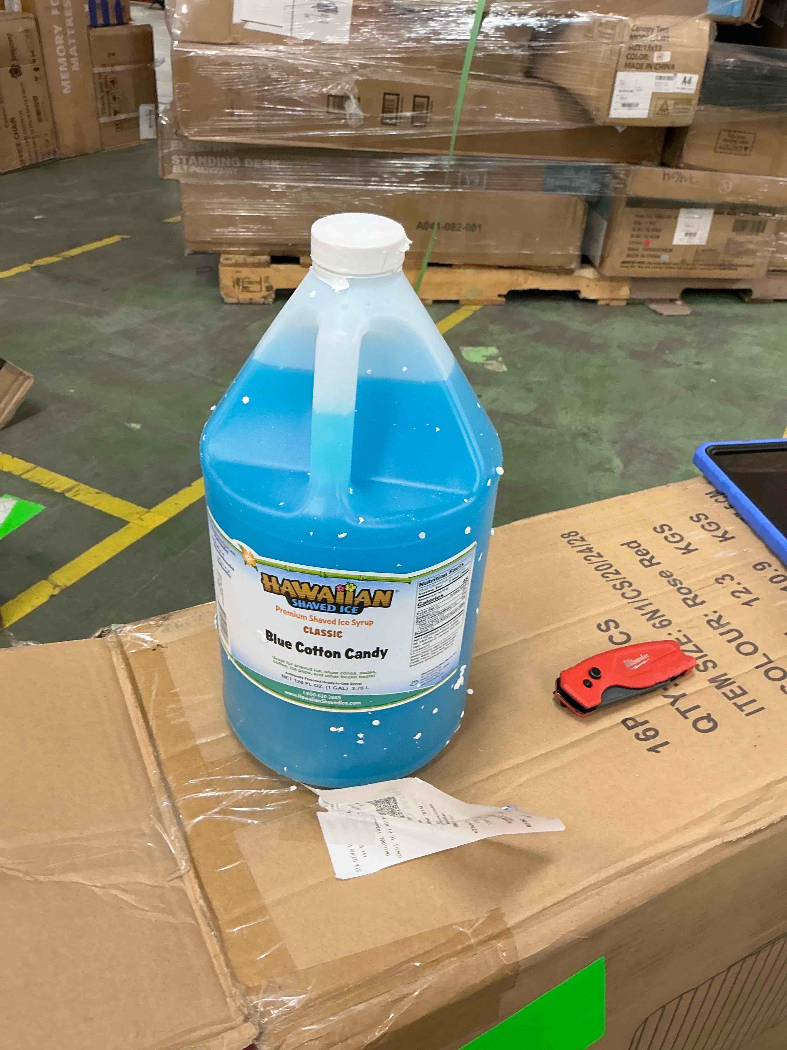 Condition photo showing New/Like New for hawaiian shaved ice blue cotton candy snow cone syrup 1 gallon bb:4/22/28