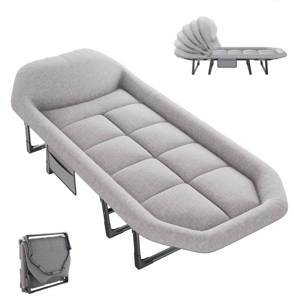 jioabl folding camping cot for adults with headrest & mattress, 71 inch portable sleeping bed for camping, travel, gray