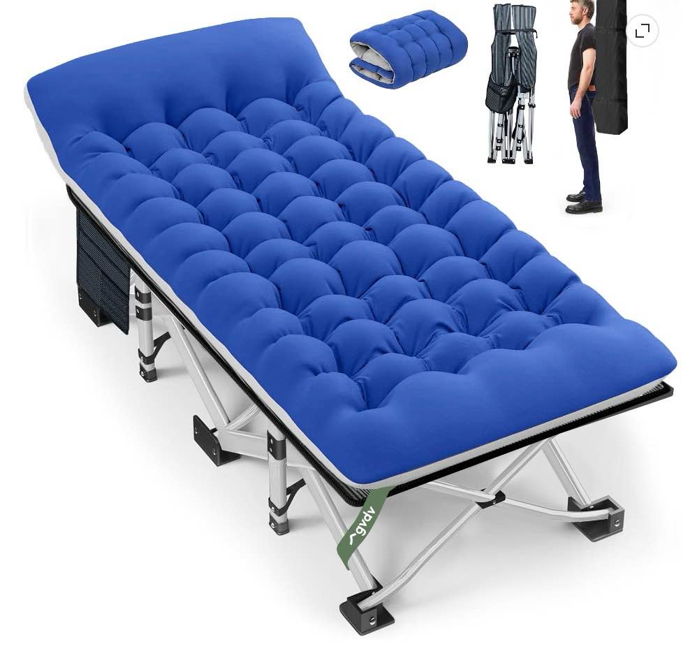 gvdv folding camping cot for adults with 2 sided mattress - 75" x 28" cot, 1200d oxford portable cot bed with carry bag for camp travel guest, blue