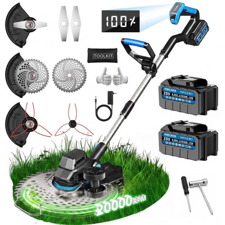 cordless electric weed wacker with 2 × 4.0ah batteries, brushless weed eater, 3-in-1 grass trimmer & lawn mower, multi-functional garden tool