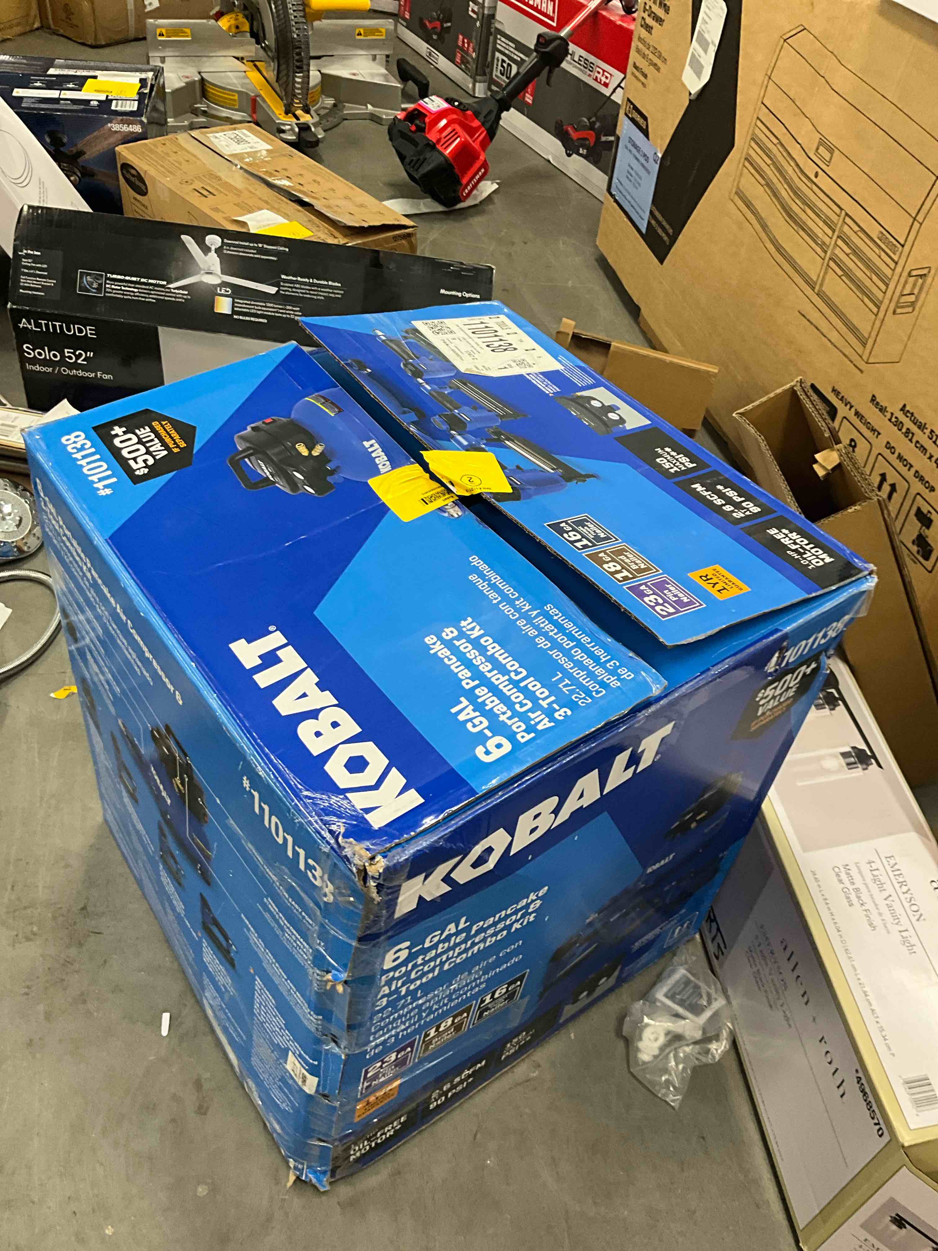 Condition photo showing As Is for kobalt 6-gallon portable electric 150 psi pancake air compressor