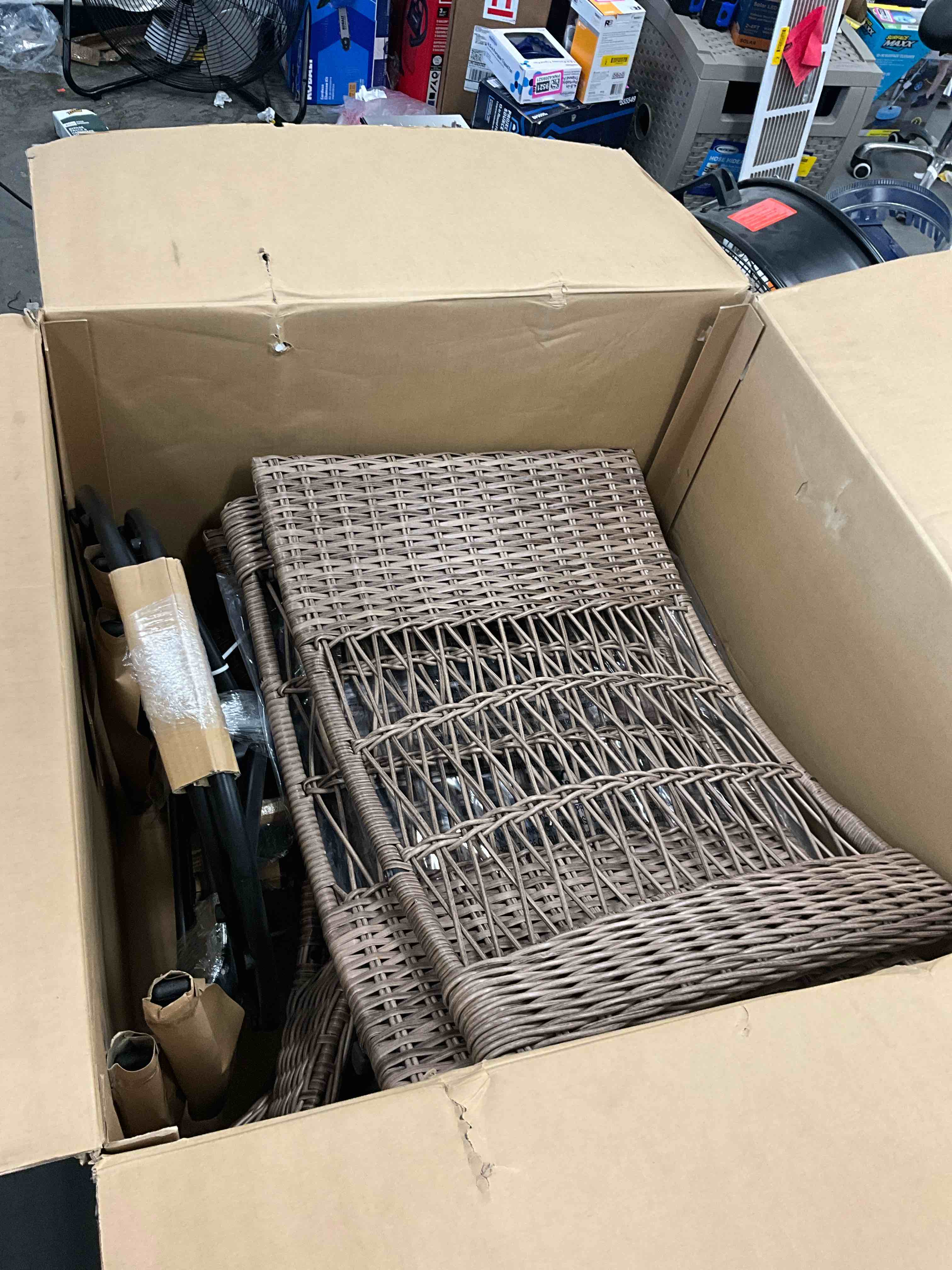 Condition photo showing Good Condition for allen + roth grand haven set of 2 wicker brown steel frame swivel glider conversation chair-incomplete