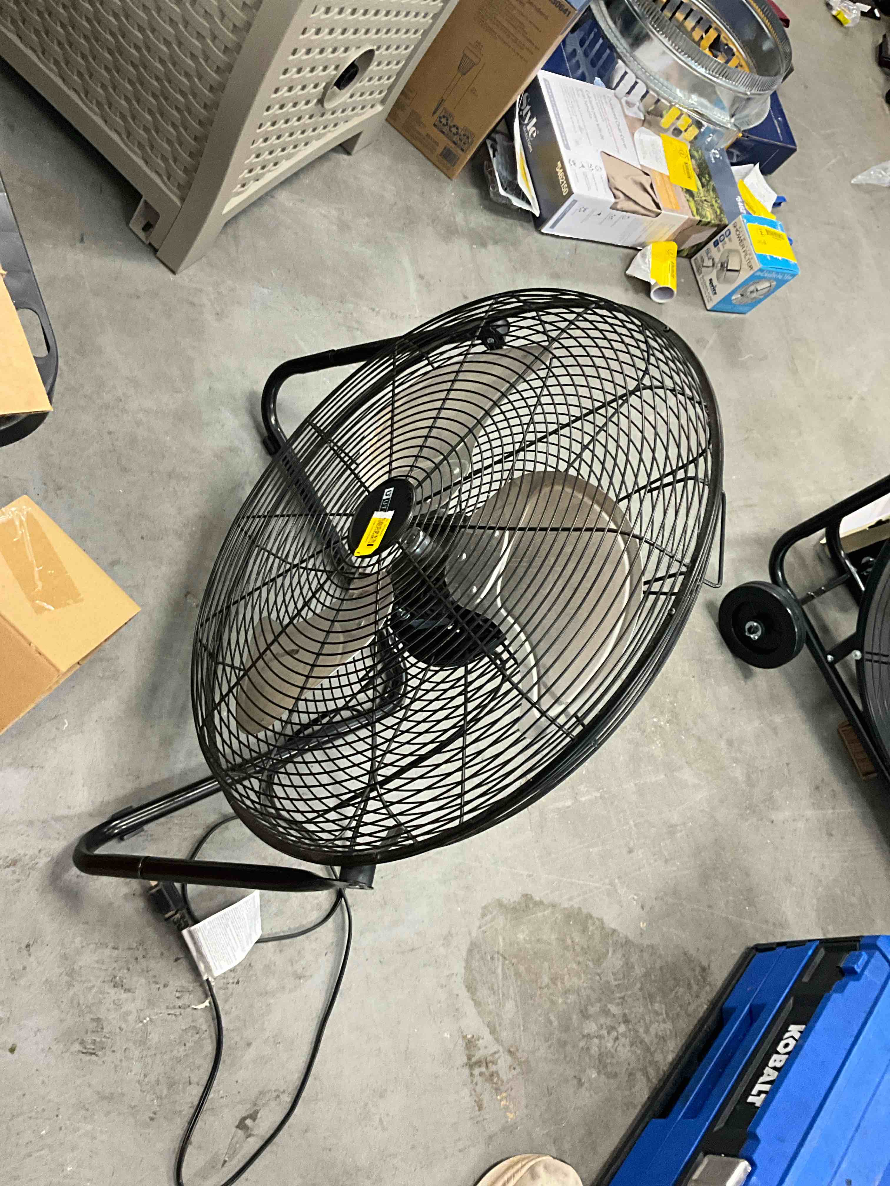 Condition photo showing As Is for utilitech 20-in high velocity indoor floor fan, in black