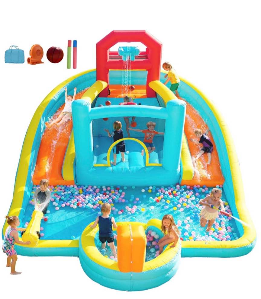 patbrela 9 in 1 large inflatable water slide bounce house 211 x 104 x 143 with 750w blower 2 water slides 2 water blasters double blow up splash deep pool basketball hoop water canon