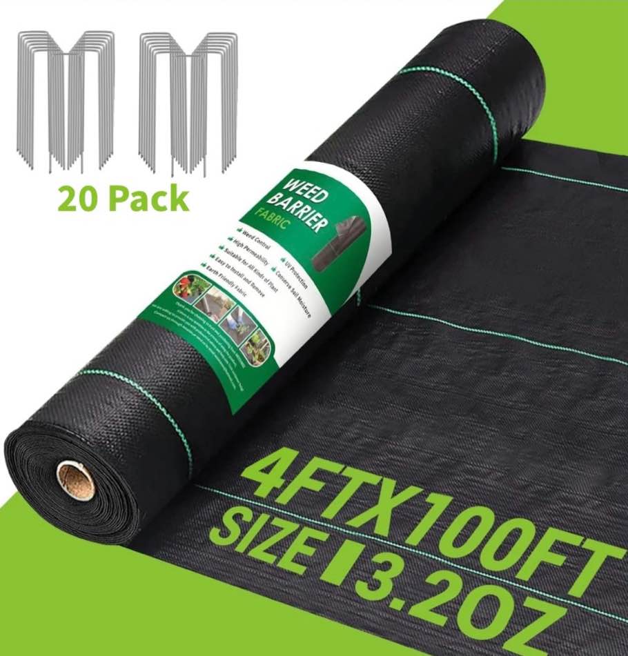 BSHAPPLUS® 4x100ft Weed Barrier Fabric,3.2OZ Landscape Fabric,Heavy Duty Geotextile Fabric with 20 U-Shaped Securing Pegs,Woven Ground Cover for Commercial Greenhouse,Yard,Garden Barrier Cloth
