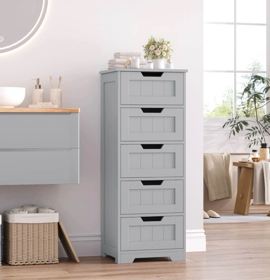 Homfa Modern Bathroom Cabinet, Free Standing Storage Cabinet with 5 Drawers Organizer Unit for Living Room Bedroom, Grey