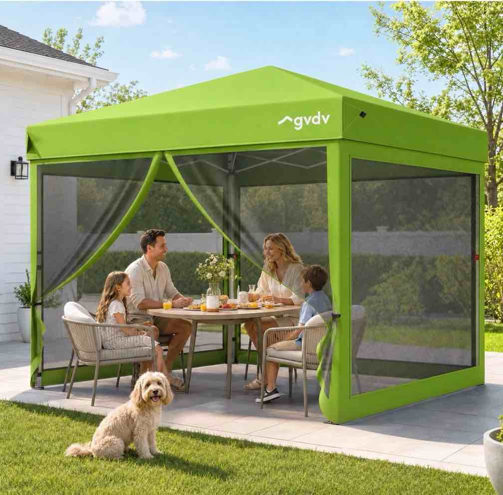 GVDV 10x10ft Easy Pop-Up Canopy, Outdoor Screen Tent with Mosquito Netting, 2 Zipper Doors, and Carry Bag for Yard Camping Picnic Party Events, Green