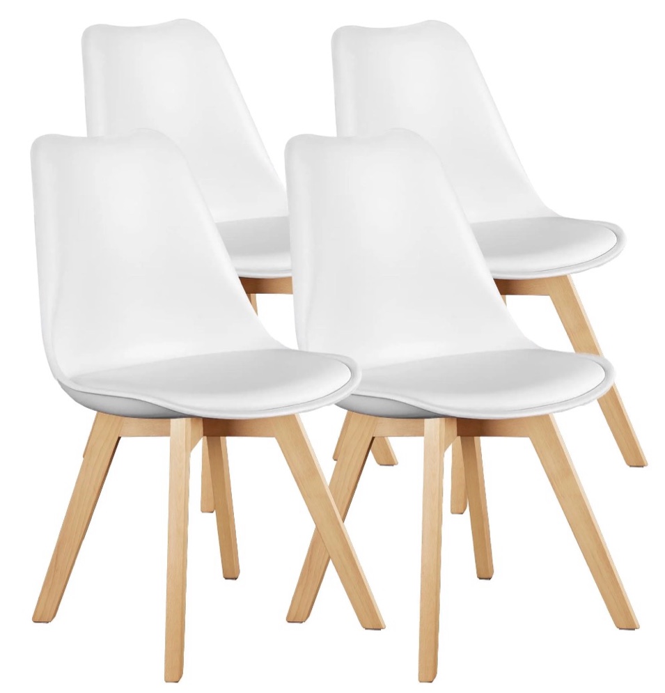 CONCETTA Set of 4 Dining Chairs with Padded Seats & Wooden Legs for Kitchen or Living Room, White
