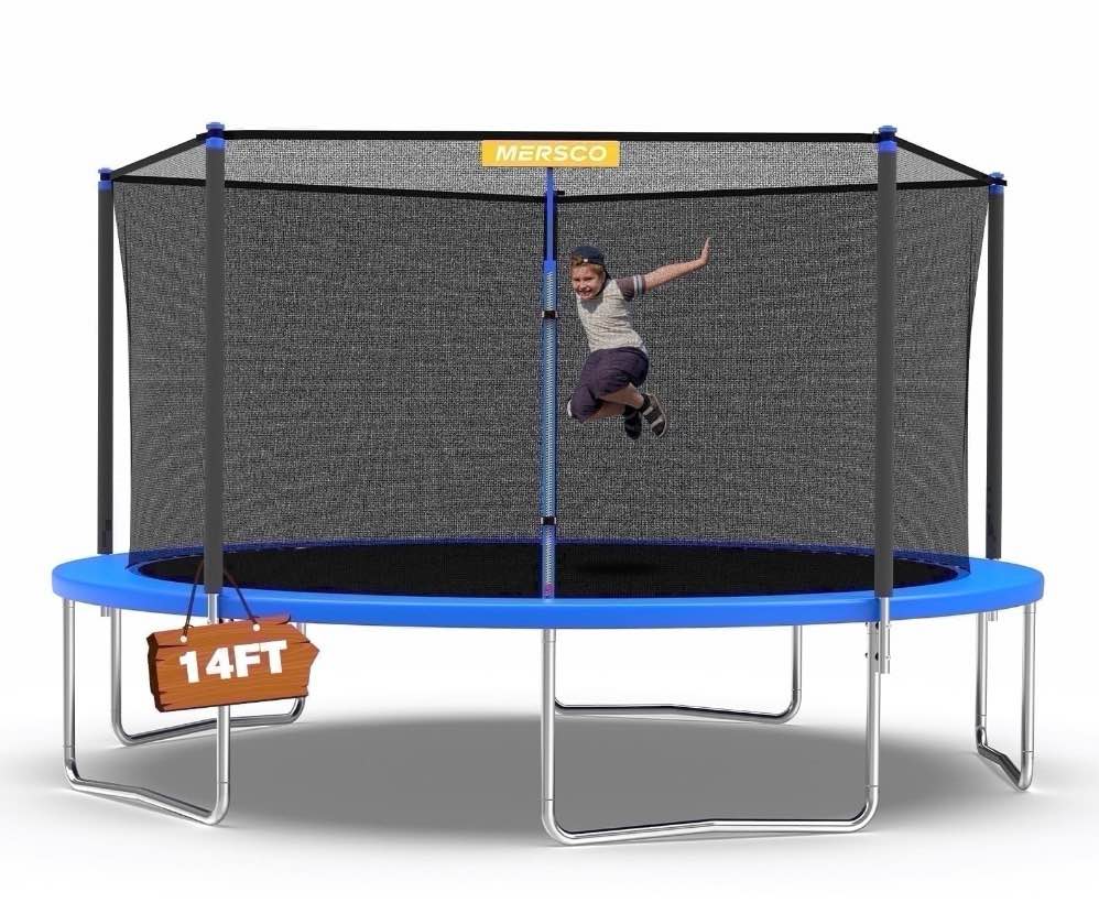 Mersco 14ft Trampoline PLAY Heavy Duty Outdoor Trampoline for Kids and Adults, Backyard Trampoline with Enclosure Net for Family Fun,Jumping Trampoline for Boys and Girls Birthday Gift ,Blue