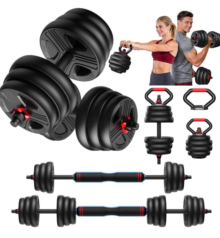 90lbs free weight set with connector  6 in1 dumbbells set used as barbell  kettlebells  push up stand  fitness exercises for home gym suitable men/women