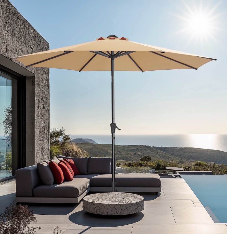 9ft outdoor patio umbrella, outdoor table umbrella with push button tilt and crank, market umbrella 6 sturdy ribs, yard umbrella
