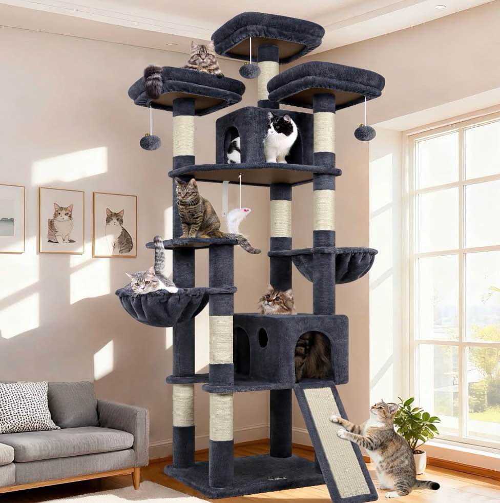 globlazer 83'' multi-level large cat tree tower for indoor cats with sisal scratching post, hammock & 2 condos, dark gray