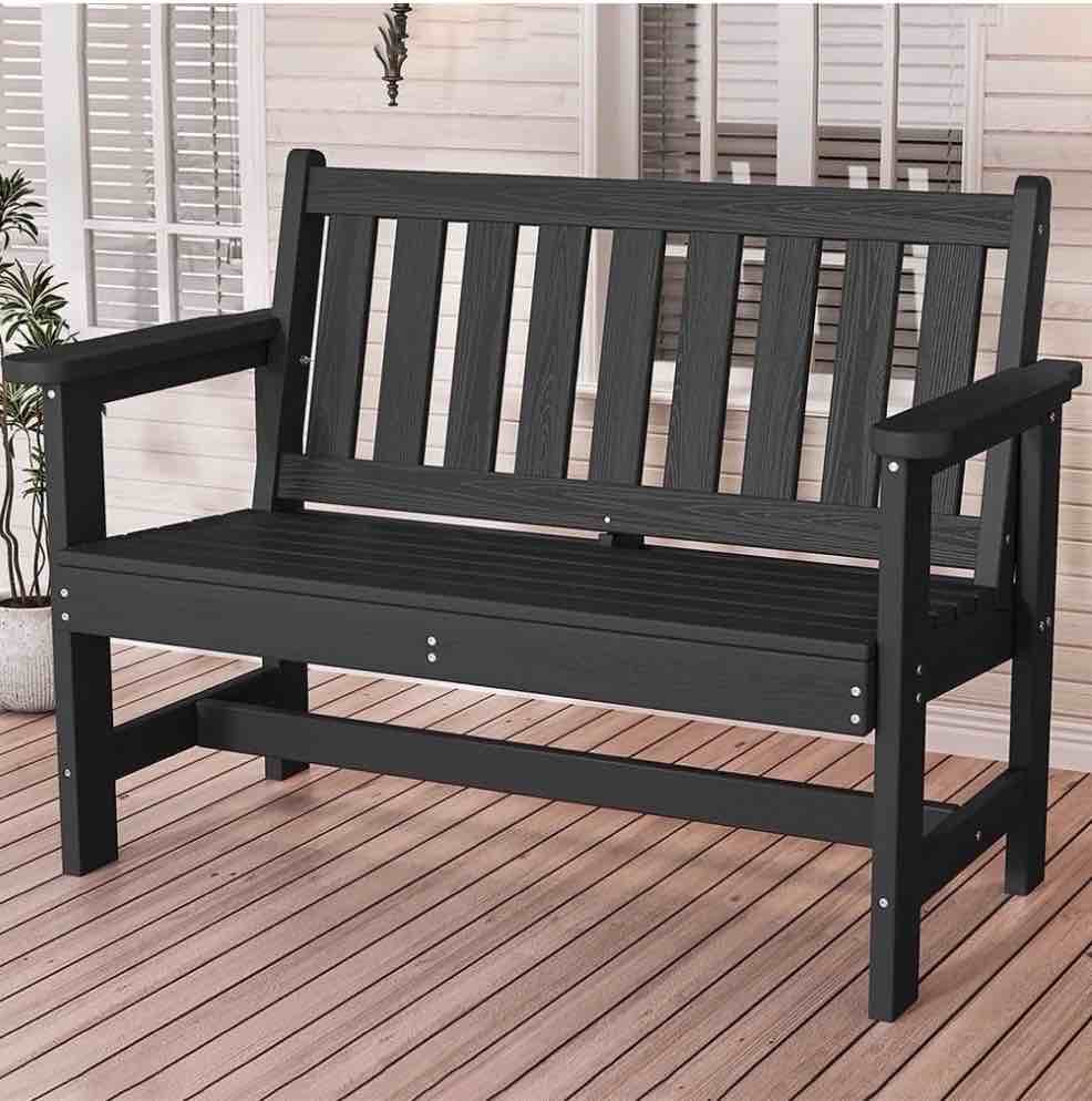 serwall outdoor bench for 2-person, weather-resistant hdpe with aluminum reinforcement, supports 660 lbs, comfortable seating for patio, garden, and porch, black