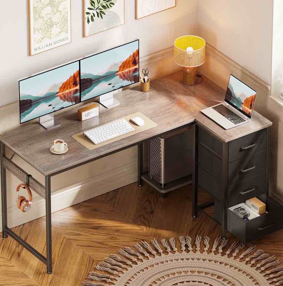 48 inch computer desk with 4 fabric drawers — home office desks with storage, writing desk with side hook, desk study/work table for bedroom and small space, oak grey