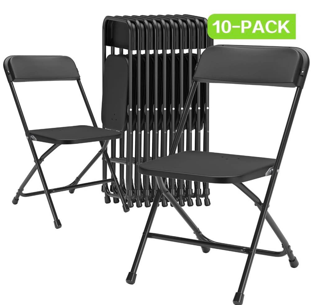 capri black plastic folding chair 10 pack with steel frame, hold up to 350 lbs, indoor outdoor portable stackable event chair commercial seat for dining wedding party office picnic kitchen